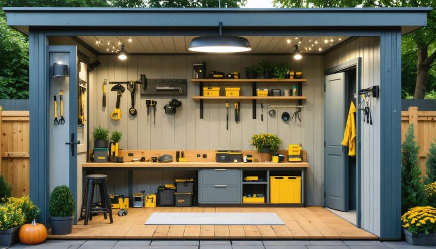 Professionally wired shed featuring LED lighting and multiple power outlets.